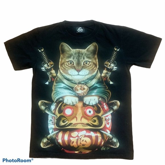 Caballo Tops - Caballo Cat Print T-Shirt Samurai Small Black